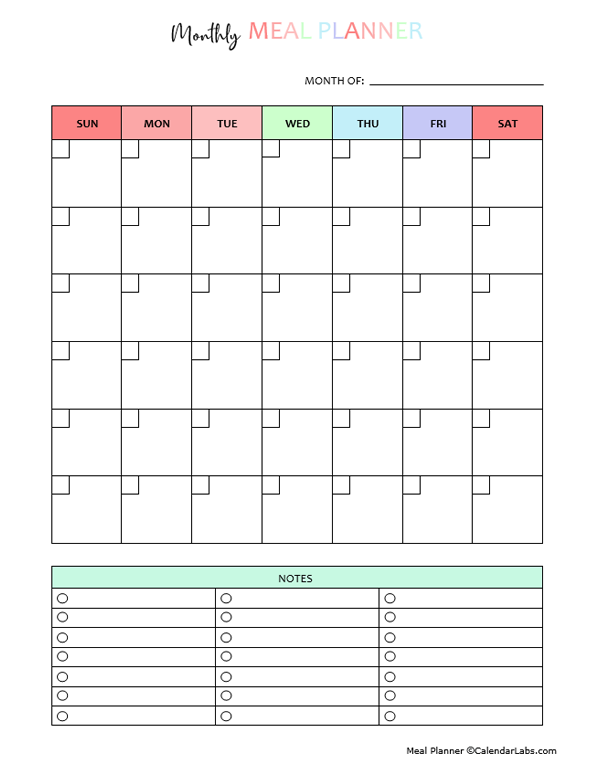 Printable Monthly Meal Planner Template