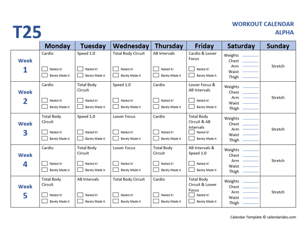 Printable T25 Calendar Alpha Free