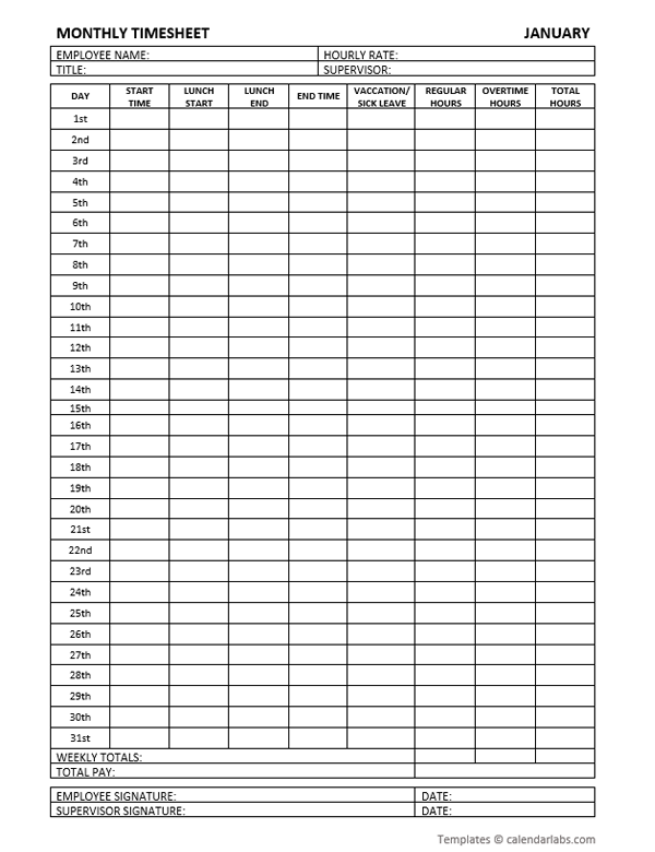 Printable Timesheet Monthly Template