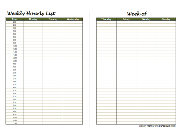 Printable Weekly Hourly Planner