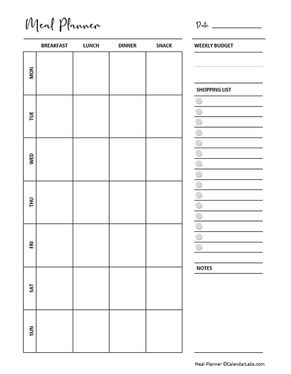 Printable Weekly Meal Tracker