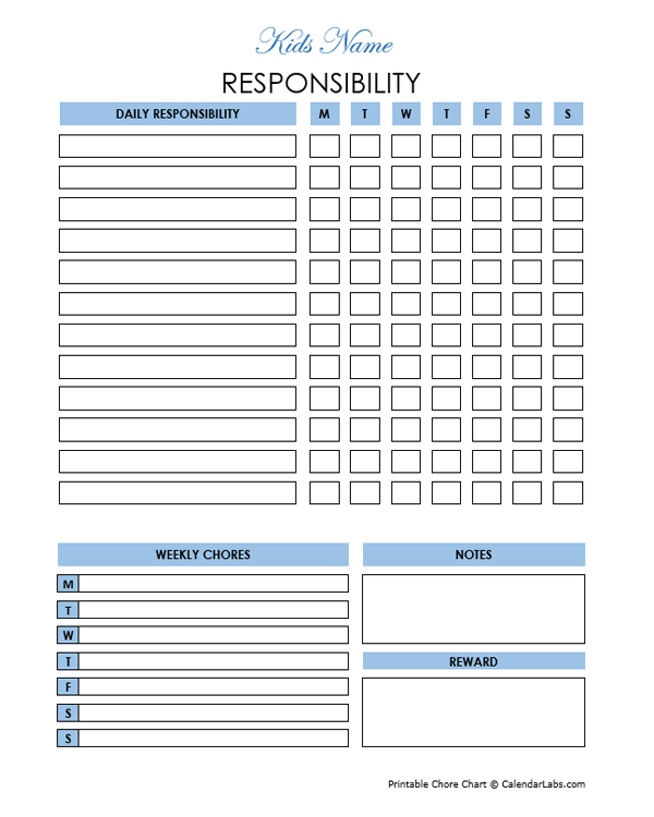 Responsibility Chore Chart For Kindergartners