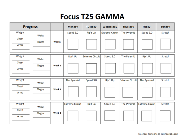 T25 Gamma Workout Calendar - Free Printable Templates