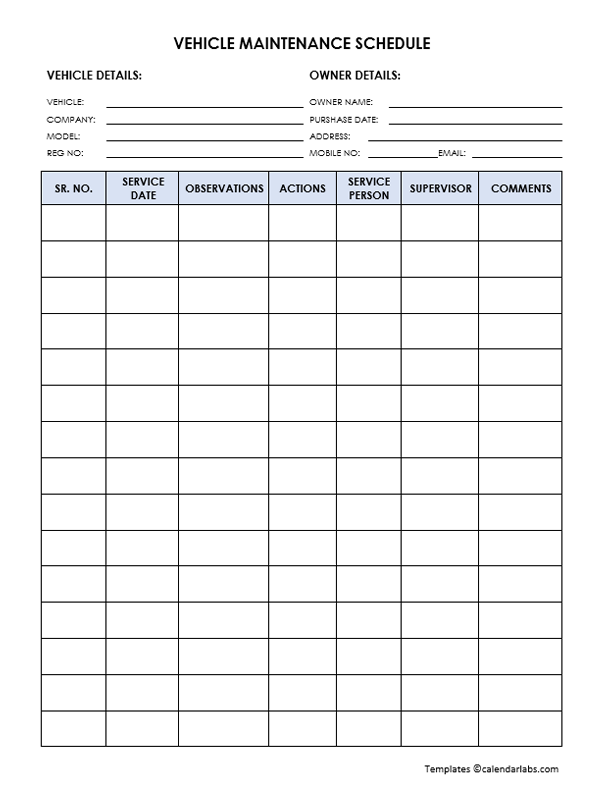 Vehicle Maintenance Schedule Template Free Printable Templates