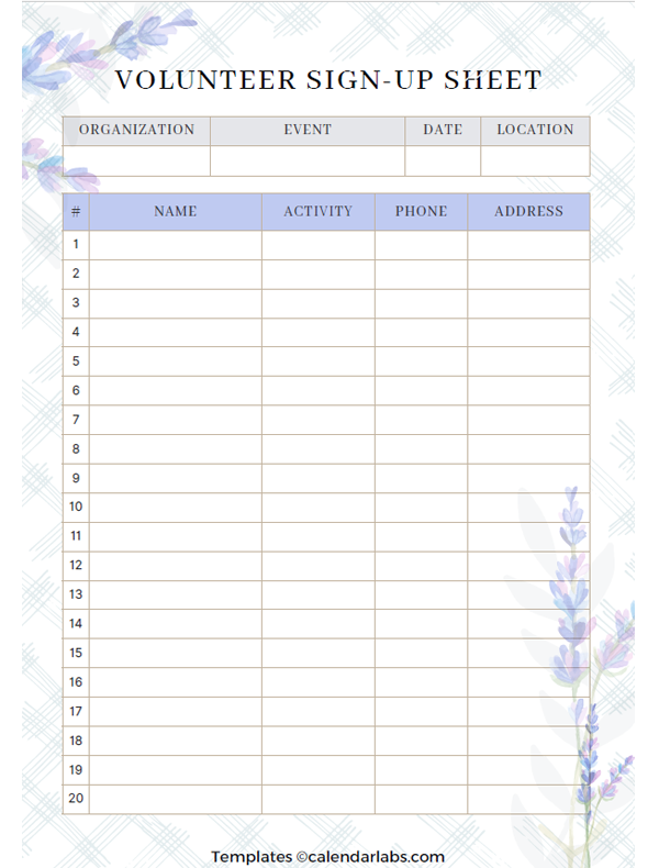 Volunteers Sign Up Sheet Template