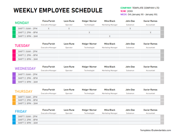 Weekly Employee Shift Schedule Template Excel