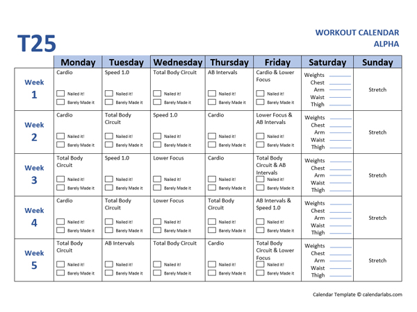 Printable T25 Calendar Alpha - Free Printable Templates