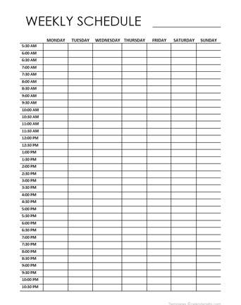 7 Day Weekly Schedule Template