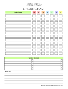 Weekly kids chore chart editable, Fillable pdf, A4, Letter.