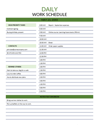 Daily Employee Schedule Template