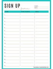 Pintable Sign Up Sheet Template