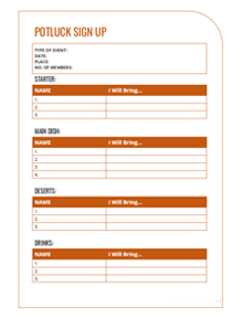 Potluck Sign Up Sheet Template