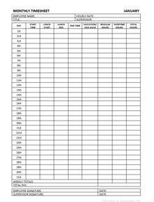 Printable Timesheet Monthly Template