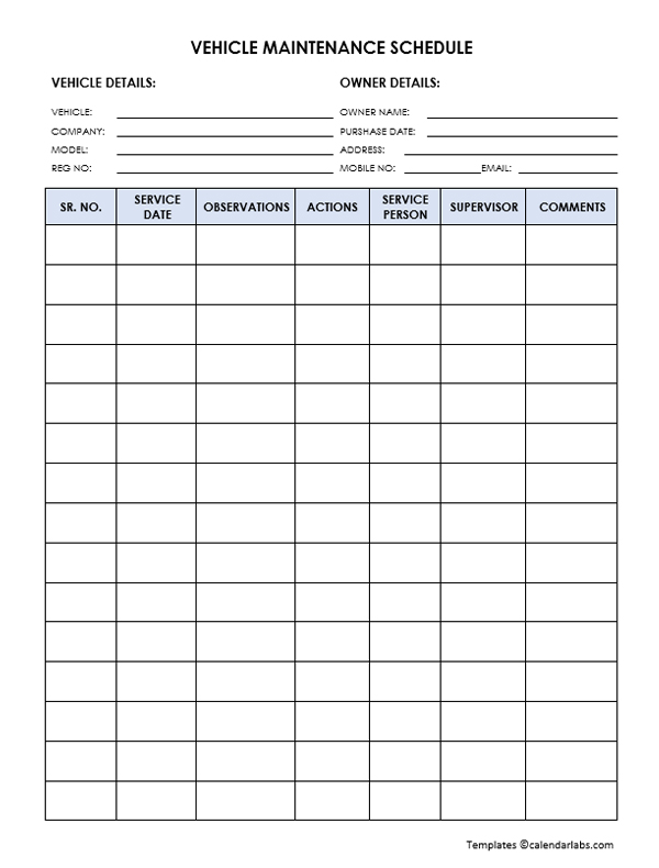 Vehicle Maintenance Schedule Template Excel Printable Schedule Arab 