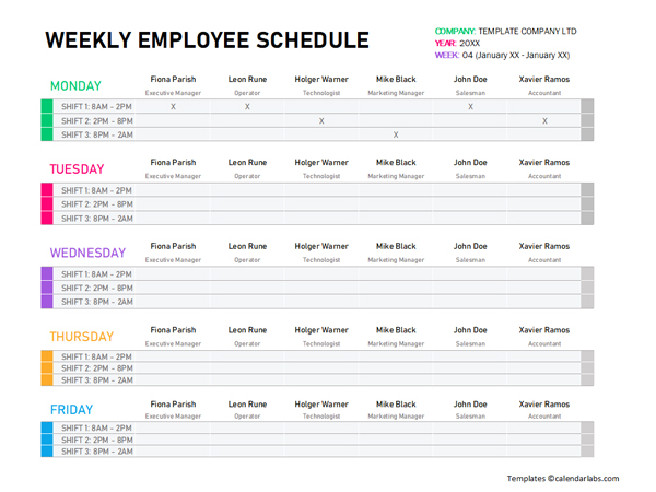 Weekly Employee Schedule Template - Free Printable Templates