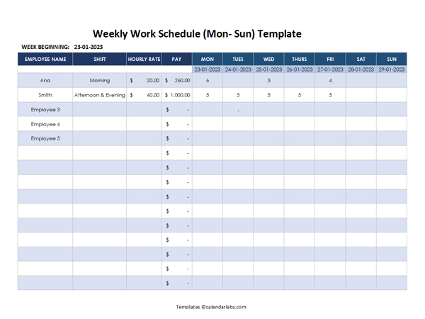 Work Schedule Template In Excel - Free Printable Templates